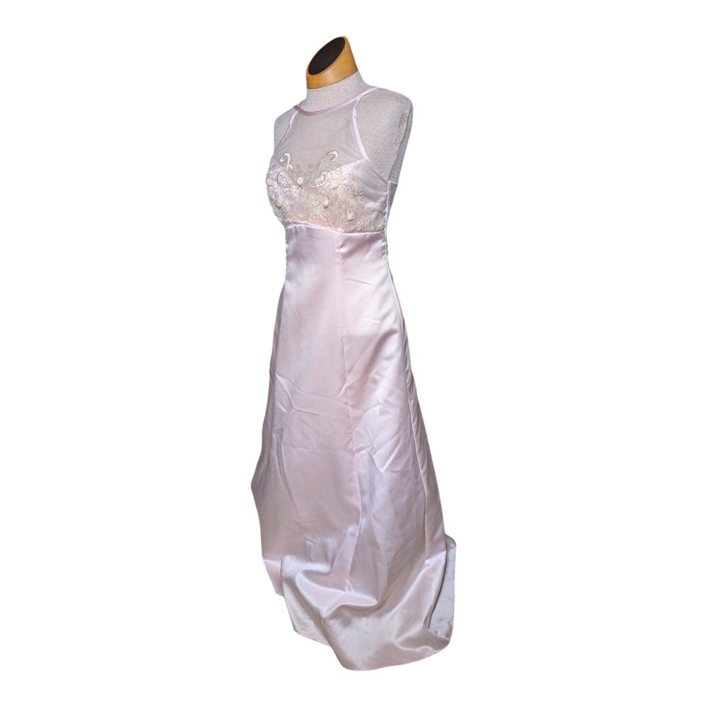 Vtg Y2K Jump Apparel Blush Pink Satin Embroidered Empire Waist Prom Dress Sz 5 6